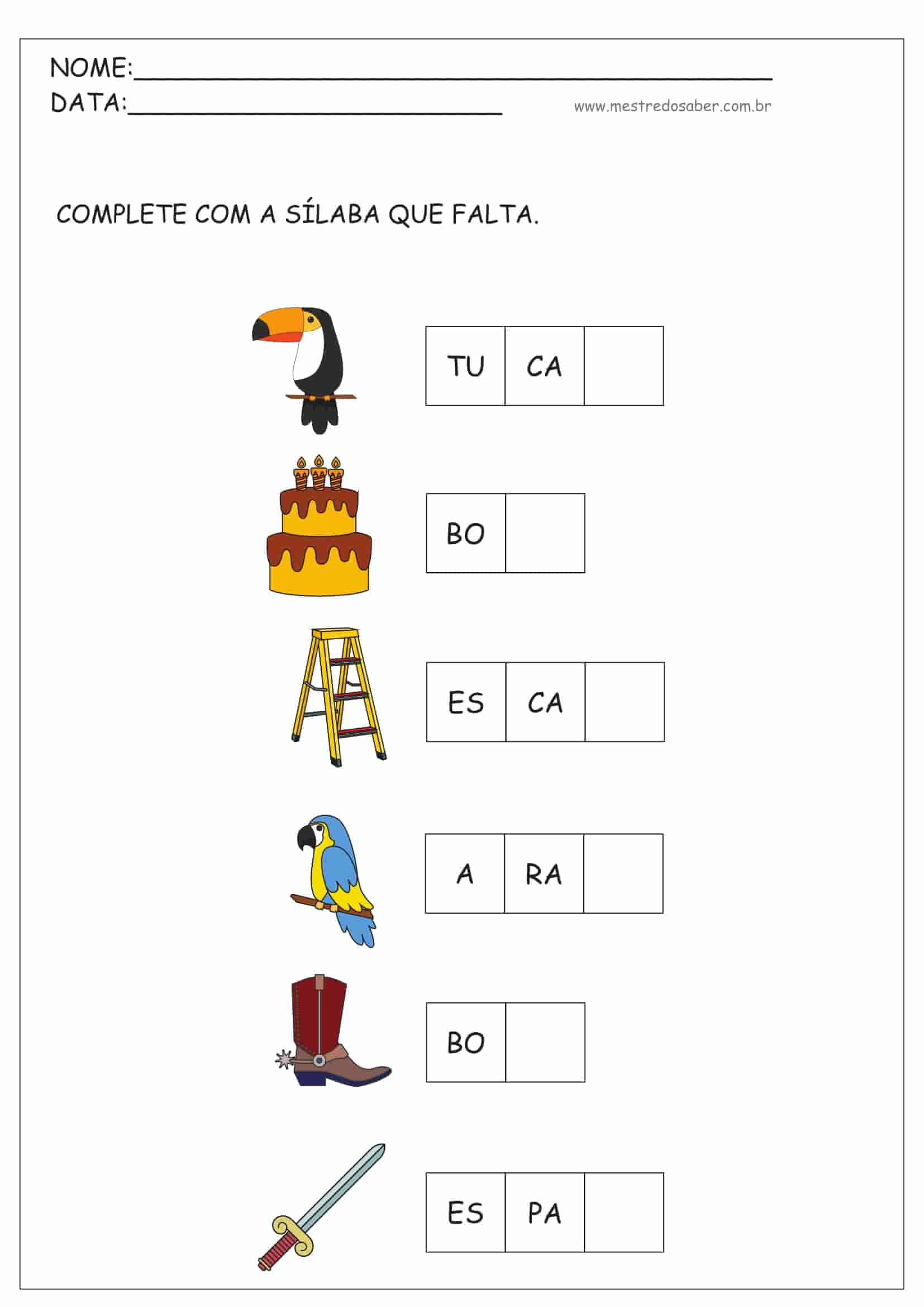 Atividades com Sílabas Simples e Complexas — SÓ ESCOLA  Atividades com  silabas simples, Palavras com 2 silabas, Atividades montessori