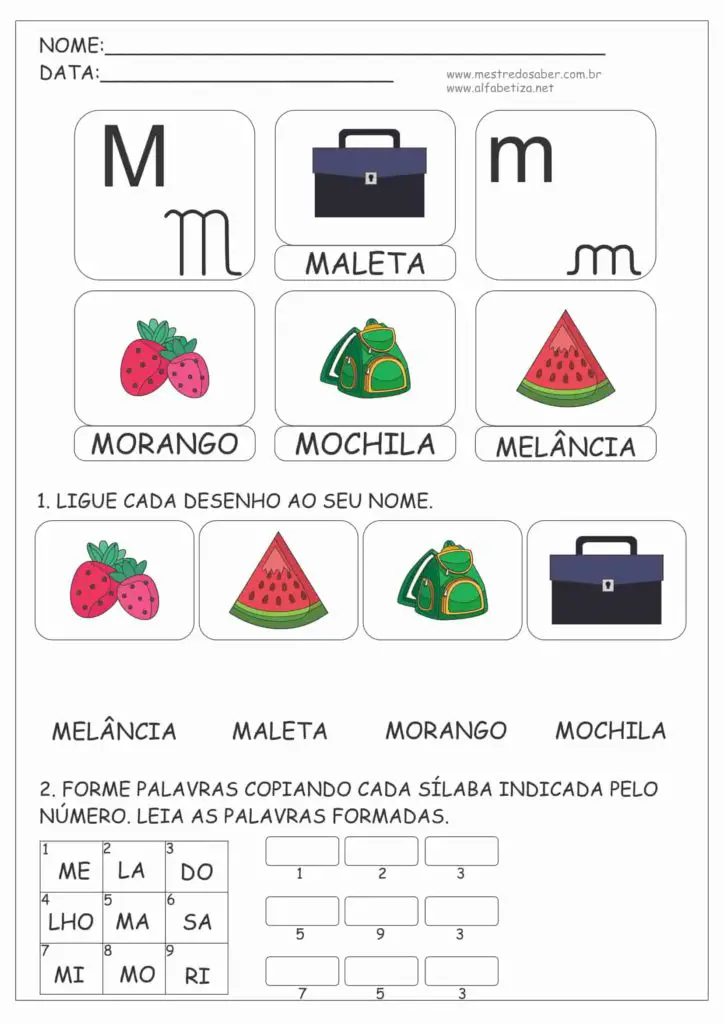 7 - Atividades 1 ano Alfabetização - Letra M