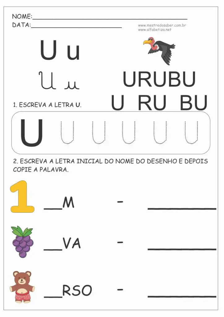 8 - Atividades para Educação Infantil 4 Anos - Letra U